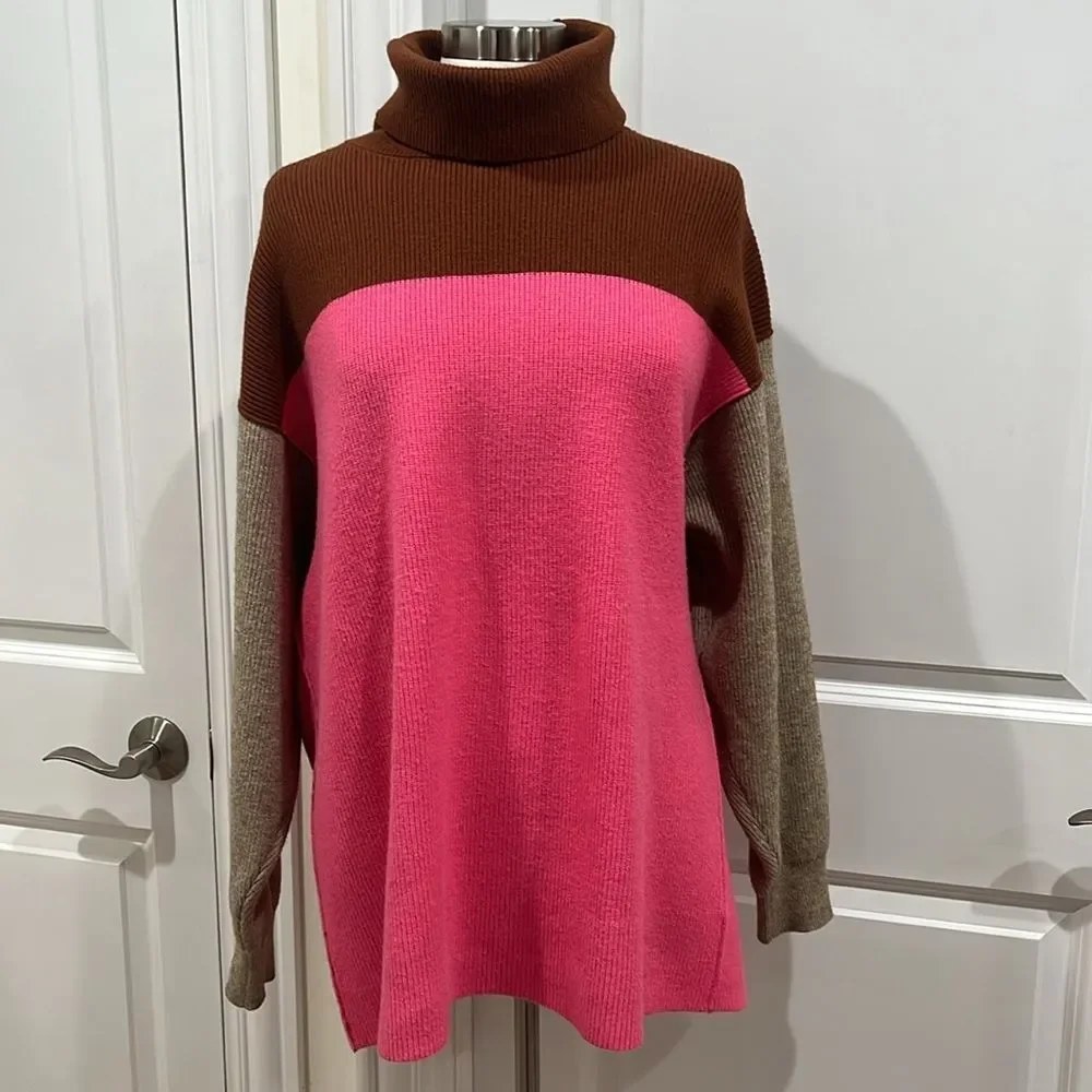 Free People Softly Structured Colorblock Turtleneck Sweater Pink Brown Oversized